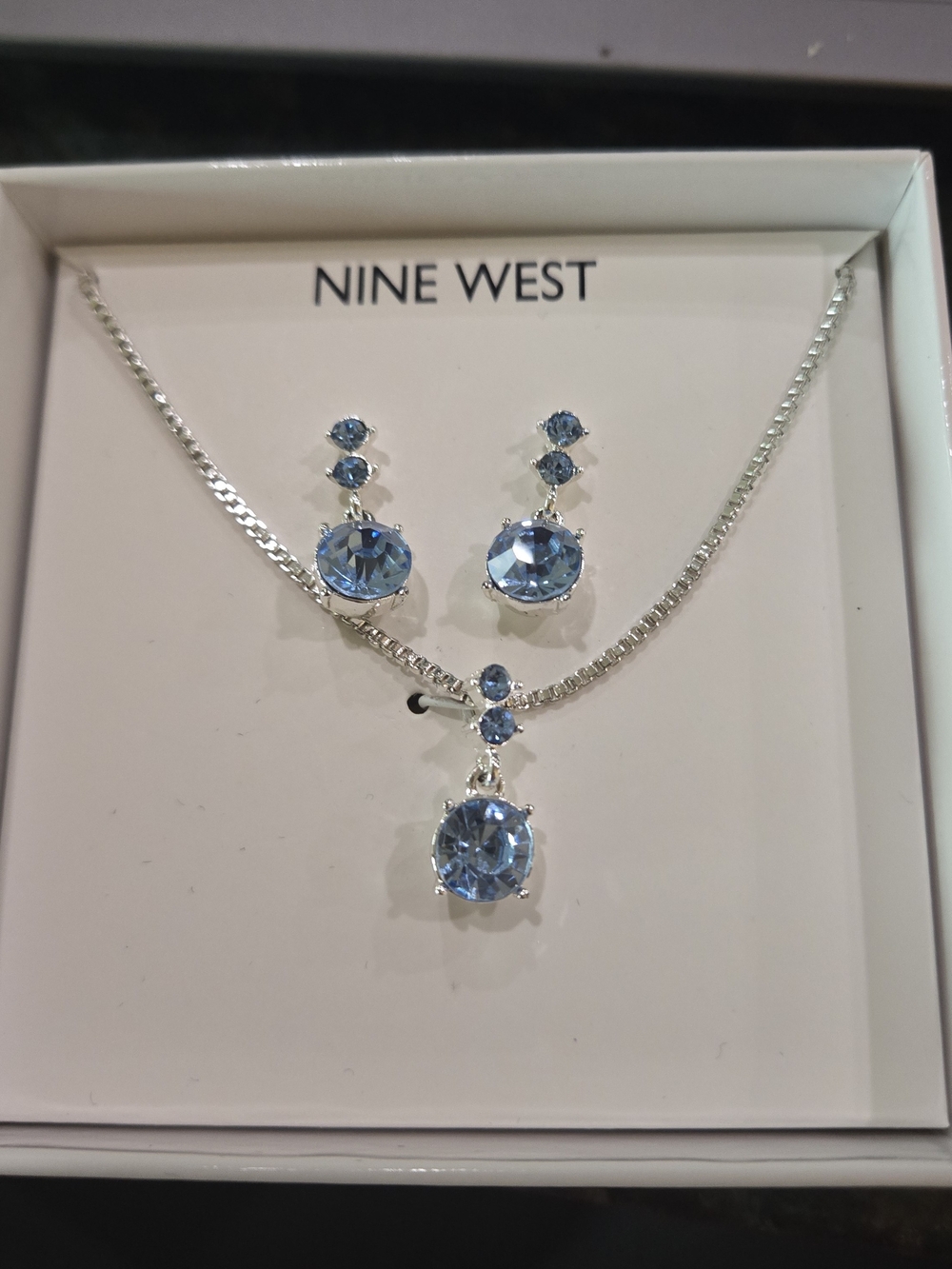 Nine West Silver-Tone Necklace and Drop Earrings with Sky Blue Stones